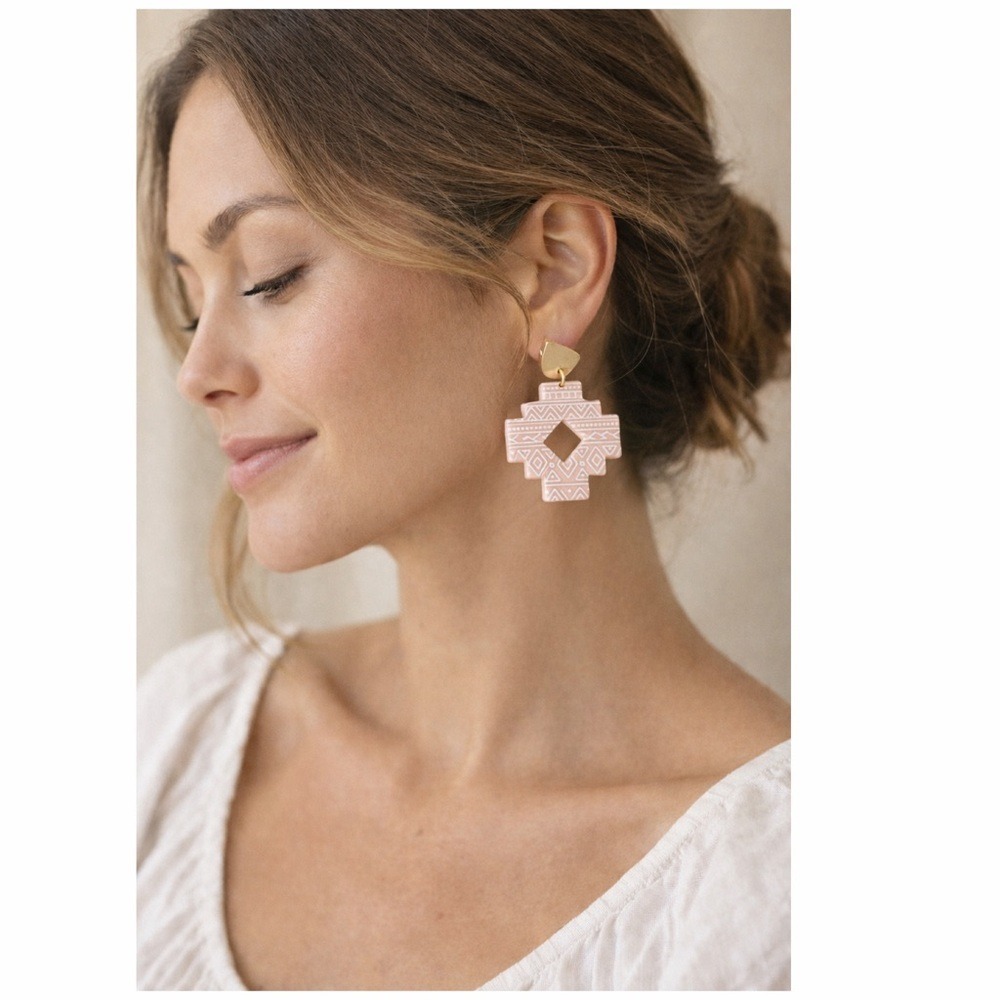 Blush Pink Aztec Geometric‎ Drop Earrings | Boho Statement Jewelry